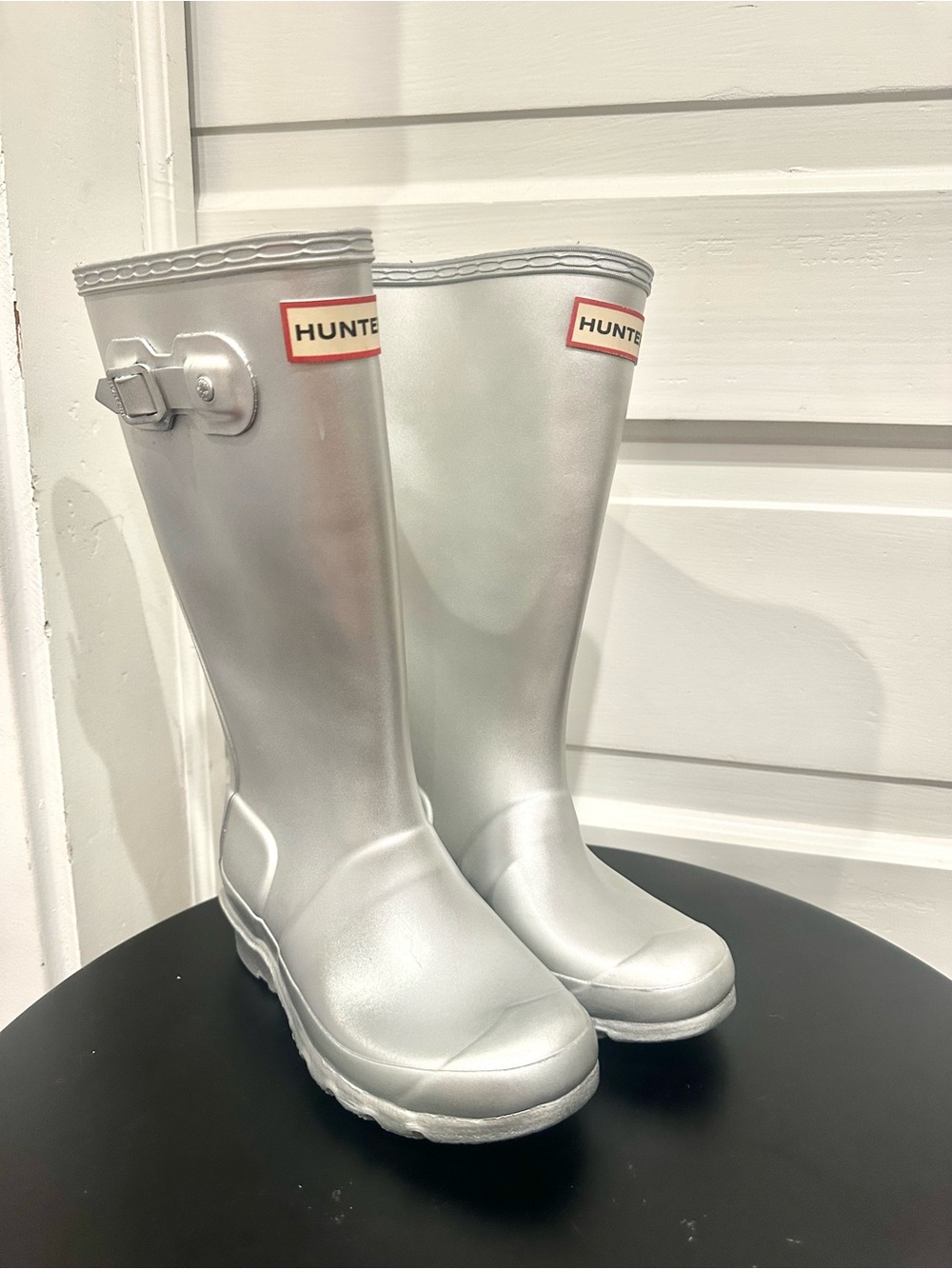 Hunter Kids Metallic Silver Rain Boots. Big Kids 2